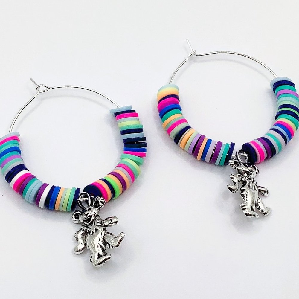 🧡NEW Earrings Hoops Grateful Dead Teddy Bears Heishi Beads Charm Silver Tone